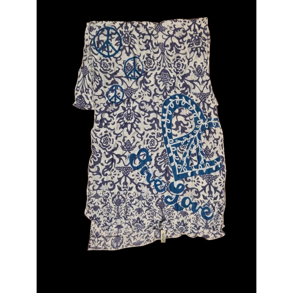 Lucky Brand Women's White & Blue Floral Peace Love Rectangle Scarf Vintage Y2K